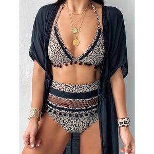 Women's Leopard Print Two Piece Tassel Frill Bikini Black Animal Print